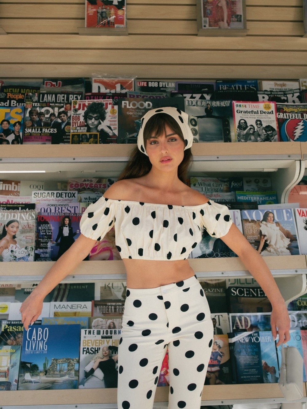 Wayf White & Black Polka Dot Off-Shoulder Crop Top and High-Waist Pants Set